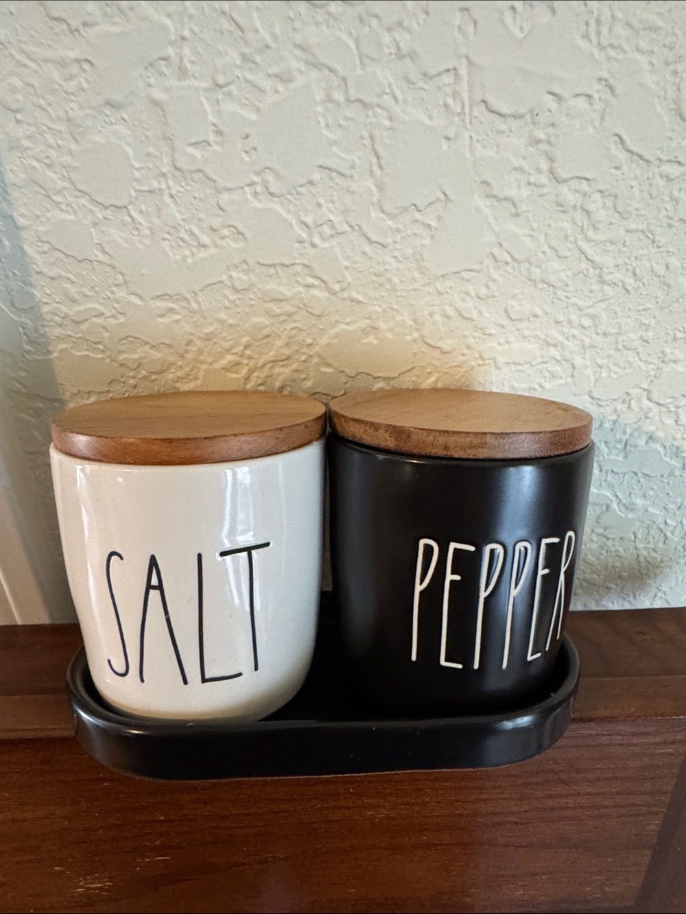 Rae Dunn White Salt & Black Pepper Ceramic Jars with Wood Lids